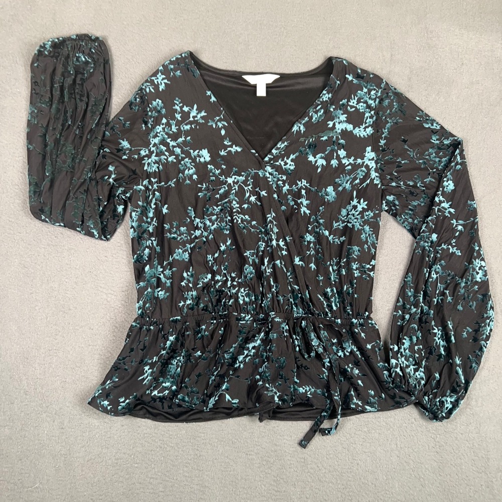 LC Lauren Conrad Top Womens M Black Teal Velvet Burnout Floral Wrap Blouse